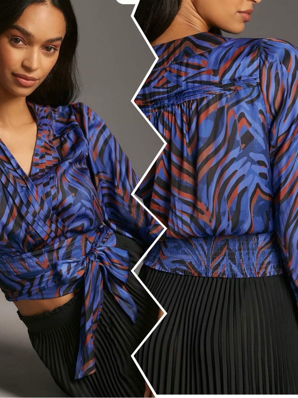 🎼Anthropologie Blue and Brown Abstract Tie-Front Blouse size L GUC